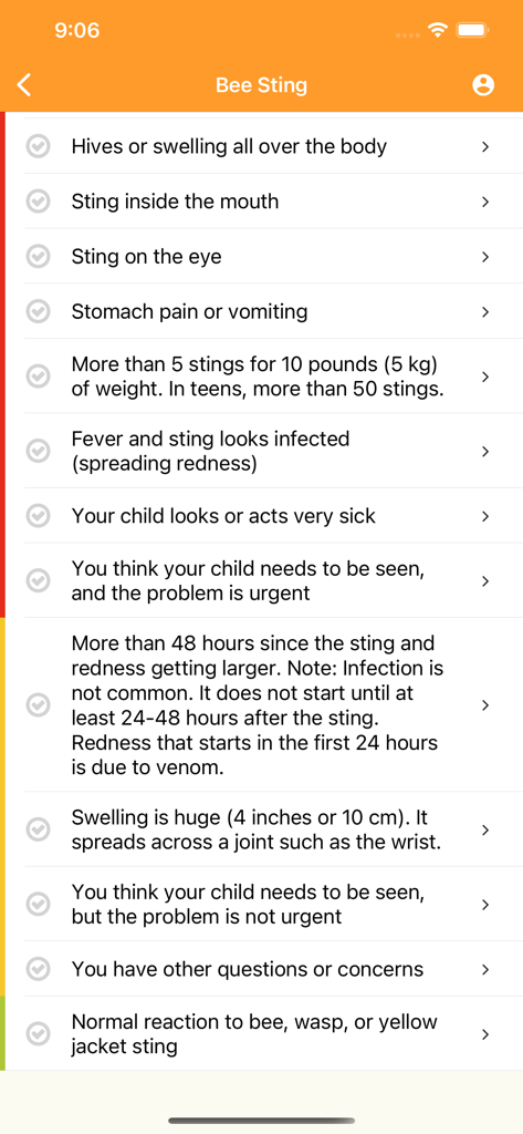 KidsDoc app symptom checker for bee stings showing different triage scenarios for parents.