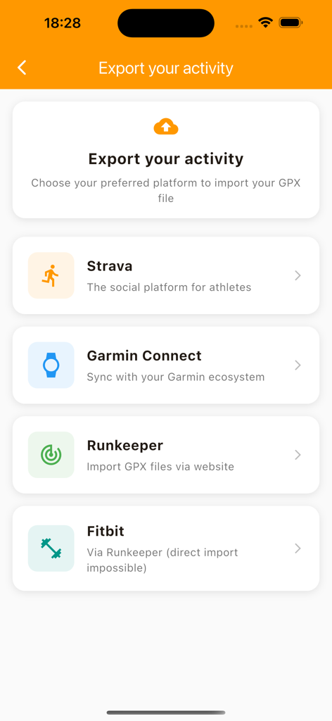 Fake Run Generator - GhostRun - Export activity screen with options to upload GPX files to Strava Garmin Runkeeper and Fitbit