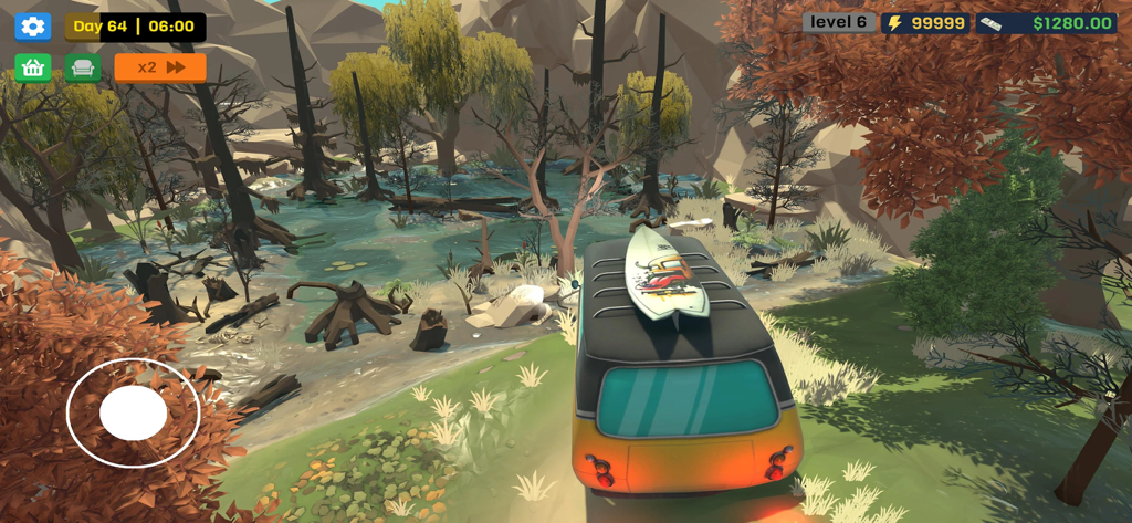 RV Camper Escape the Mountains - Ein gelbes Wohnmobil mit Surfbrett fährt durch eine Bergwaldlandschaft in einem Survival-Simulationsspiel