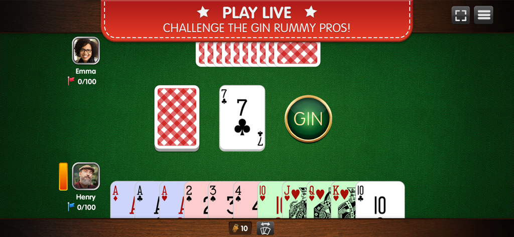 Gin-Rummy Palace - Online Gin Rummy match between two players in the Gin Rummy Palace app.