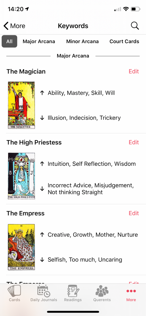 A screen in the Tarot Journal app displaying Major Arcana cards with their upright and reversed keyword meanings.