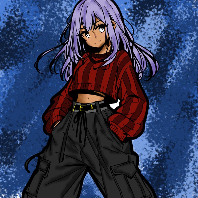 anime teen girl with baggy pants and crop top with sweater