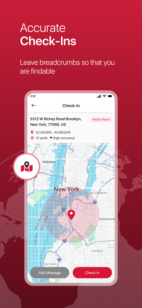 A screenshot of the My Global Rescue app showing an accurate GPS check-in screen with a map of Brooklyn New York