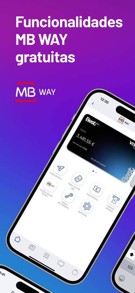 Best Bank - Interface do aplicativo móvel Best Bank mostrando recursos integrados do MB WAY para pagamentos e transferências de dinheiro