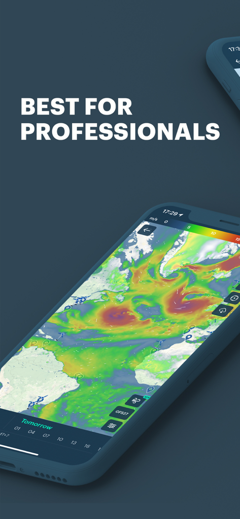 Windy Pro: marine weather app - Interfaz de la aplicación Windy Pro que muestra un mapa de viento global colorido con datos meteorológicos profesionales