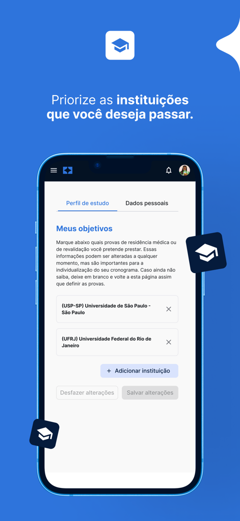 Aristo Class app interface for selecting medical residency institutions and setting study goals.
