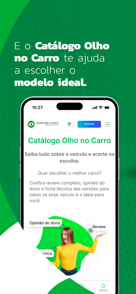 Olho no Carro: Consultar Placa - Smartphone screen showing the Olho no Carro vehicle catalog for comparing car models with reviews and technical data