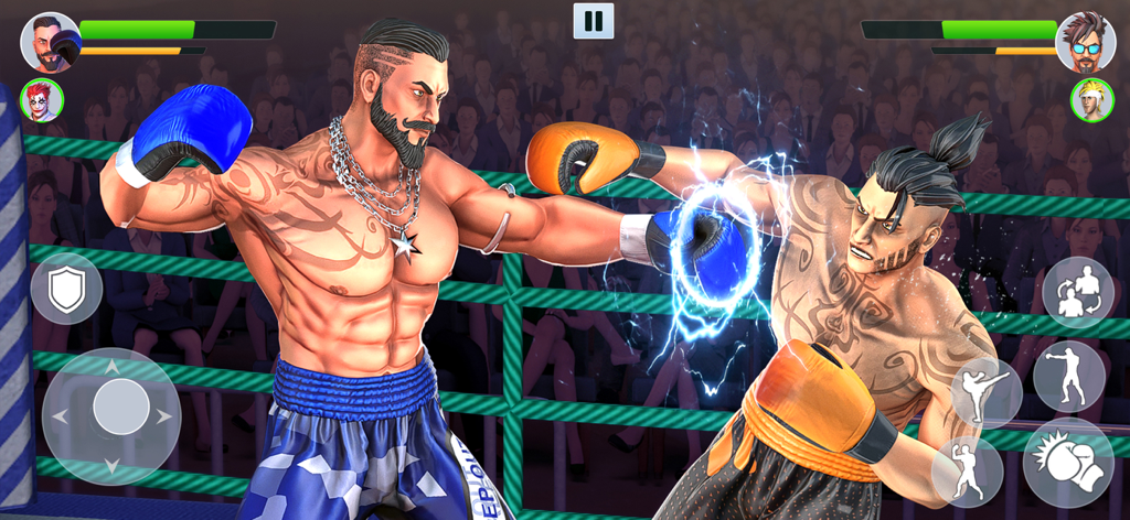 Boxing Games : KO Punch Fight - Dos boxeadores 3D luchando en un ring con efectos especiales e interfaz de juego móvil.