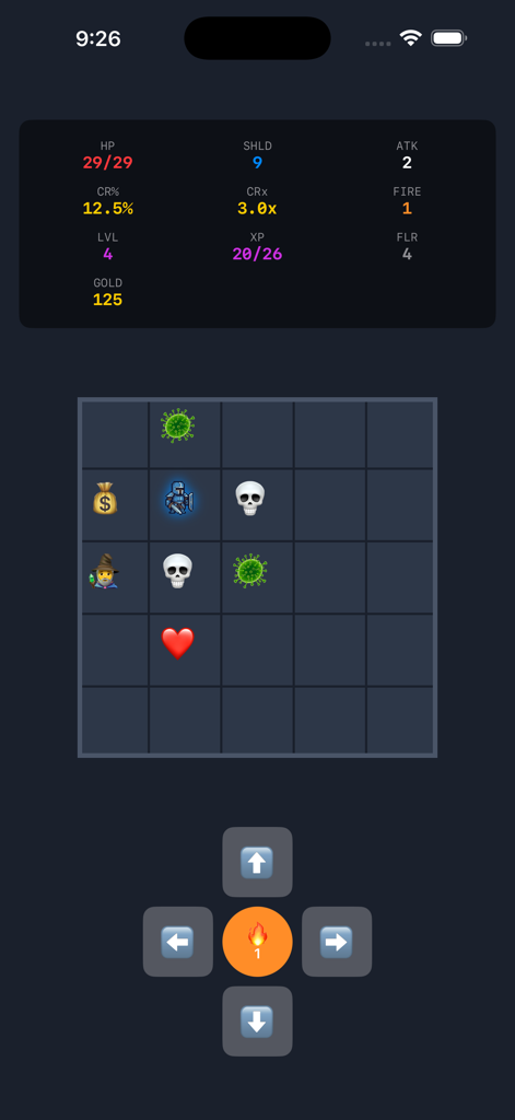 Gameplay screen of Grid Roguelite showing a character on a tactical grid with enemies and player stats