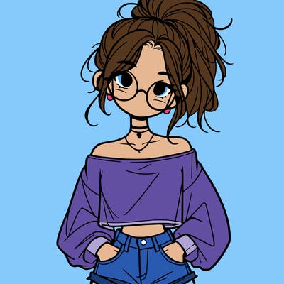 girl with a messy ponytail glasses a baggy crop top and jean shorts