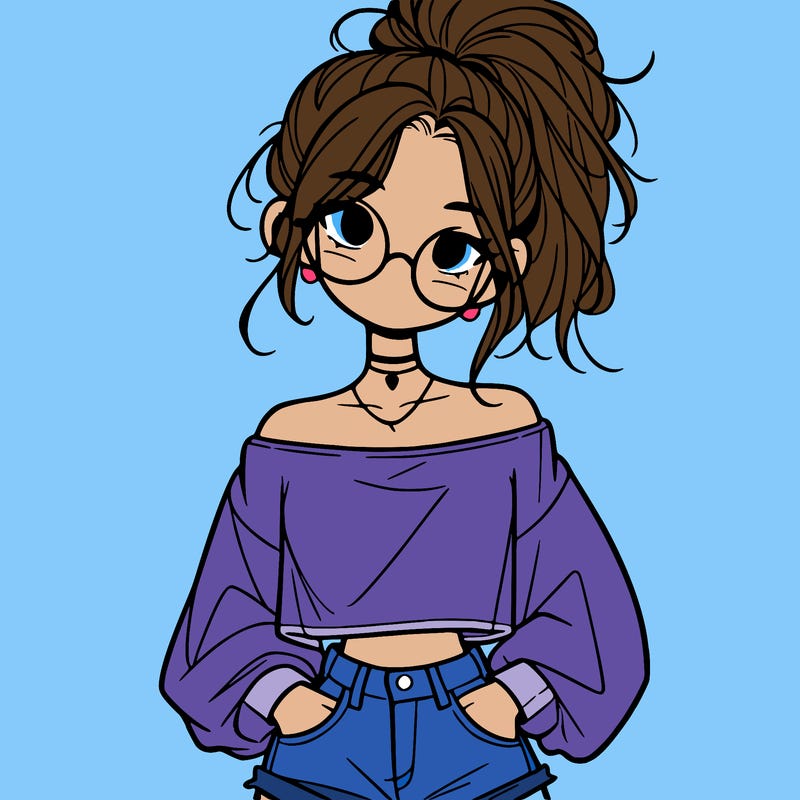 girl with a messy ponytail glasses a baggy crop top and jean shorts