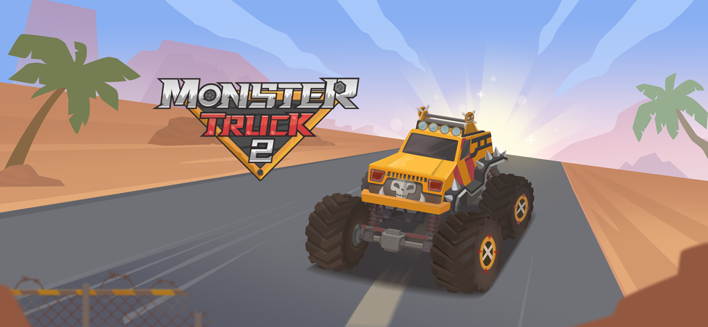 Monster Truck Games for kids - Yellow monster truck with a skull emblem on a desert road with the Monster Truck 2 game logo
