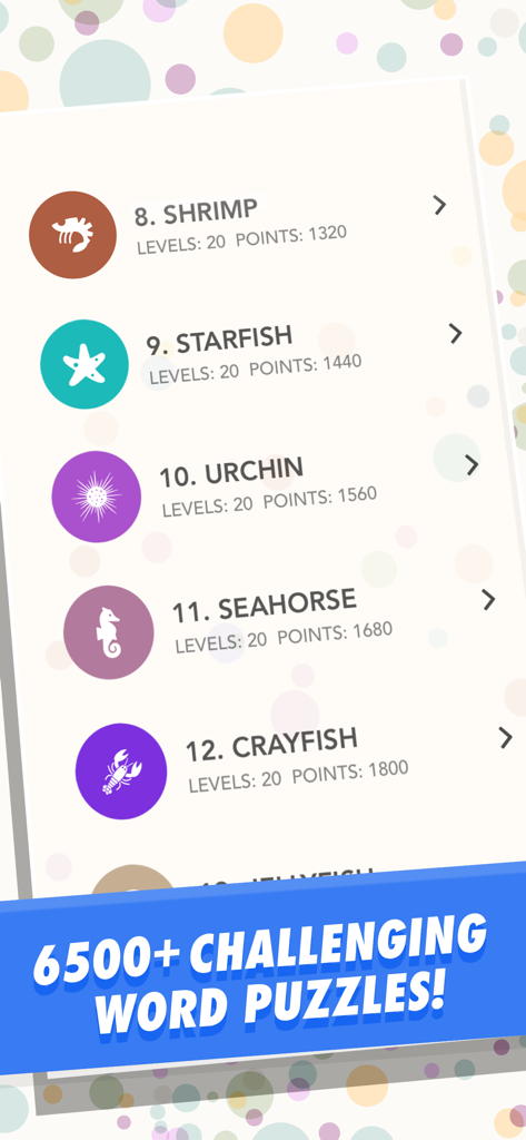 WordBubbles! - WordBubbles game menu showing ocean themed level categories and total puzzles