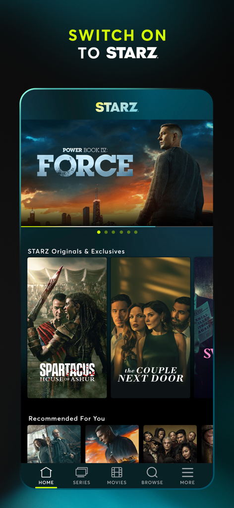 STARZ - The home screen of the STARZ mobile app displaying original series like Power Book IV Force and Spartacus