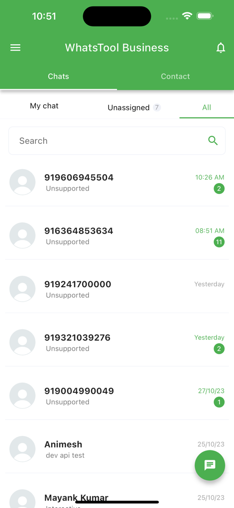 WhatsTool Business - Écran de l'application WhatsTool Business affichant une liste organisée de conversations clients et de messages non assignés