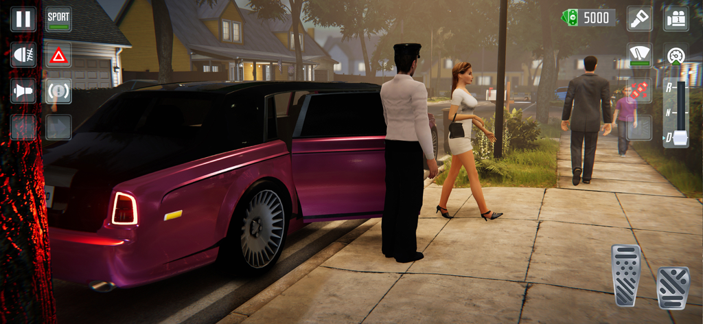 Taxi Car Simulator : EVO - A chauffeur in uniform waits by a luxury pink car to pick up a passenger in a suburban neighborhood