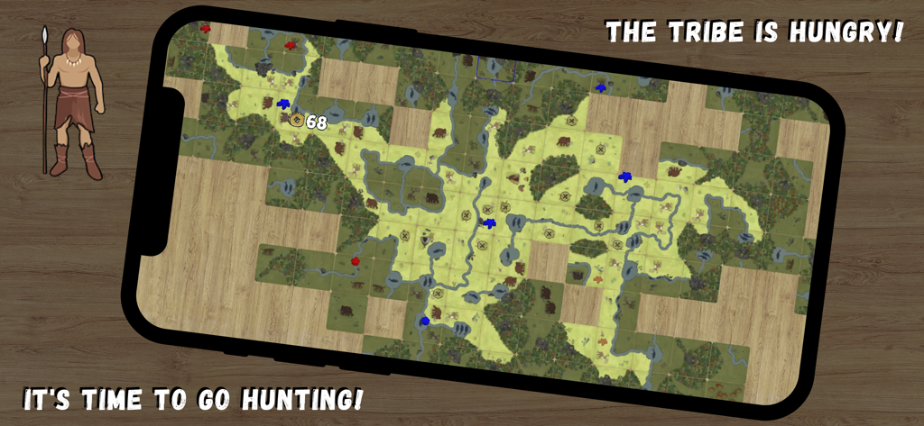 Hunters and gatherers - Una pantalla de smartphone que muestra un juego de mesa estratégico de colocación de losetas con un tema prehistórico.