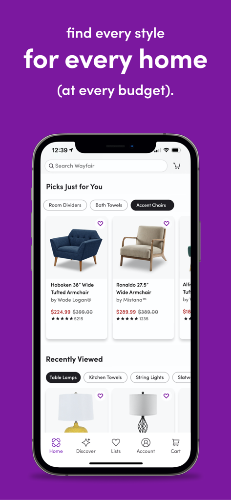 Capture d'écran de l'application mobile Wayfair affichant des recommandations de meubles personnalisées, notamment des fauteuils et des lampes de table.
