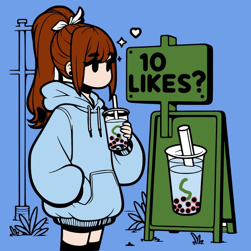 girl with oversized hoodie drinking boba and she has a high ponytail with a sign that says 10likes?