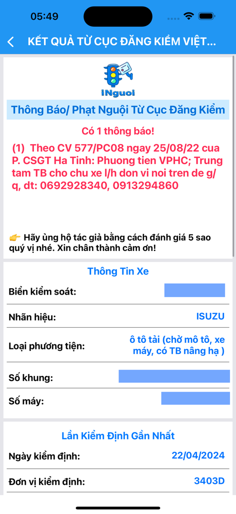 iNguoi - Tra Cứu Phạt Nguội - iNguoi app screenshot showing a traffic fine notice and vehicle registration details for an Isuzu truck in Vietnam.