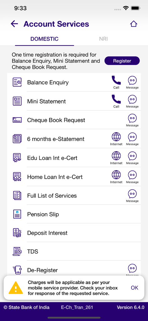 SBI Quick app interface showing domestic account services for balance enquiry and mini statement via missed call or SMS.