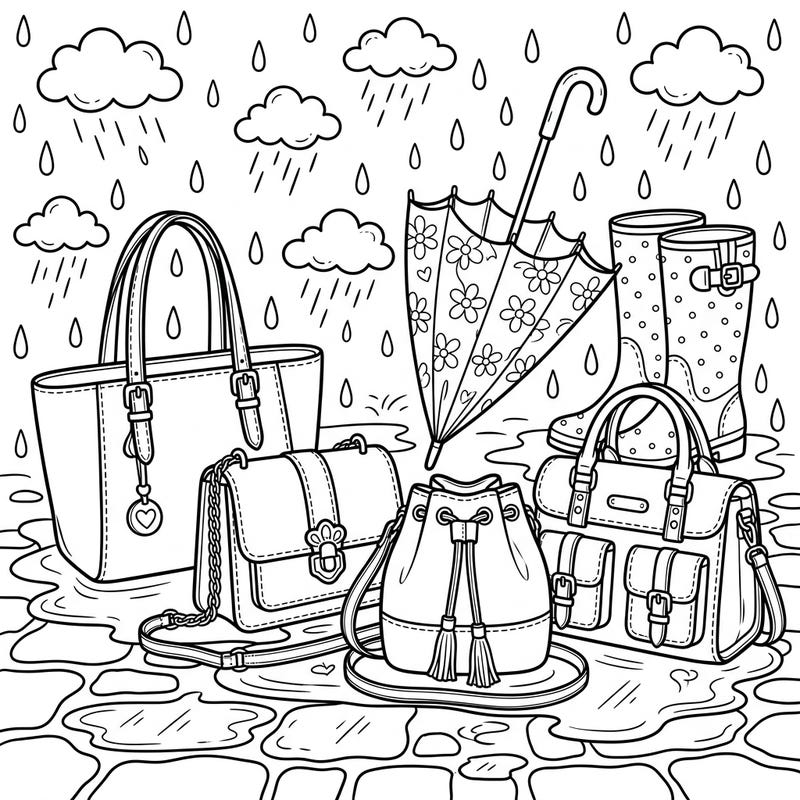 Brighten up a gloomy day with this charming coloring page featuring an assortment of stylish handbags, umbrellas, and rain boots. Designed for kids, it’s a perfect way to spark creativity and enjoy a cozy rainy afternoon.