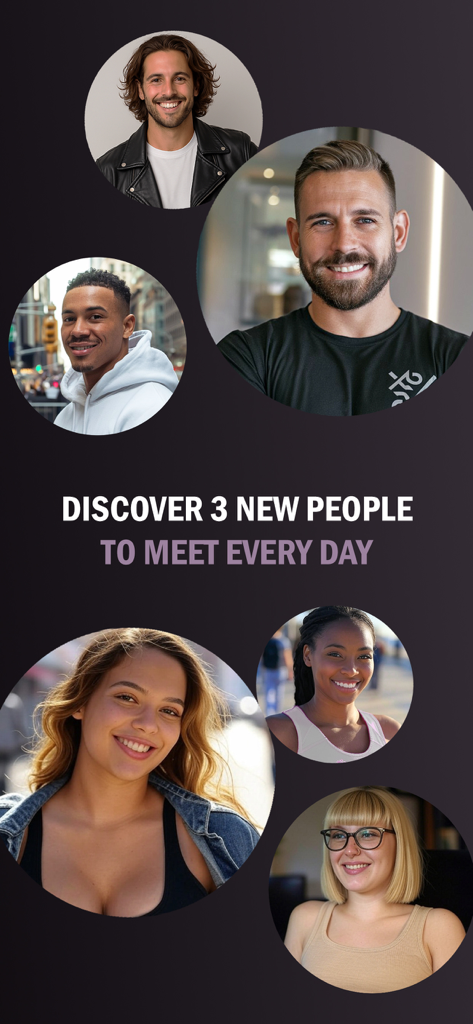 Diverse profile pictures on the Waiter dating app with text promoting three daily matches