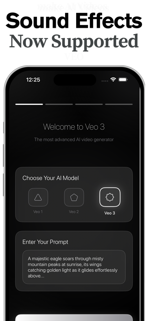 AI Video Generator - Seed AI - Pantalla de la aplicación Seed AI Video Generator que muestra la selección del modelo Veo 3 y una entrada de indicación de texto para la creación de vídeo cinematográfico.
