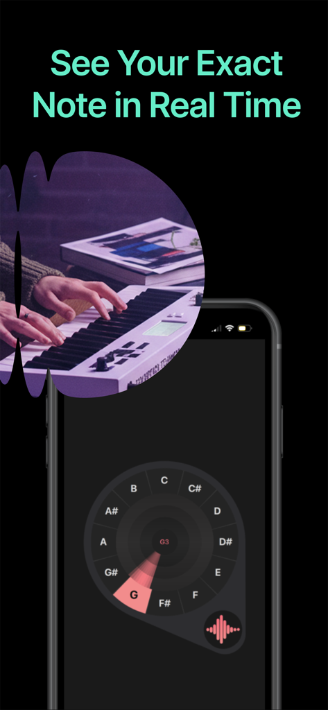Pitch: Vocal Pitch Monitor - Interface of the Pitch app showing real-time musical note detection with an intuitive pitch wheel