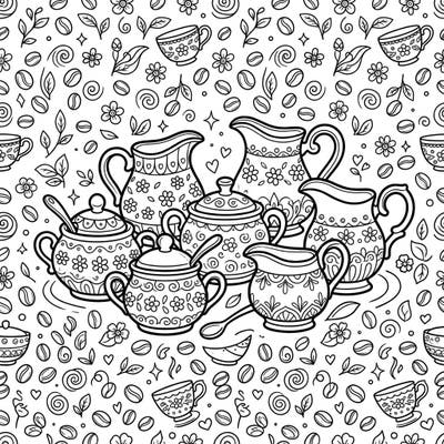 Indulge in the charming world of coffee and tea time with this delightful coloring page featuring an array of beautifully patterned sugar bowls and creamers. Perfect for relaxation, this intricate design is set against a whimsical background of coffee beans, flowers, and swirling motifs.