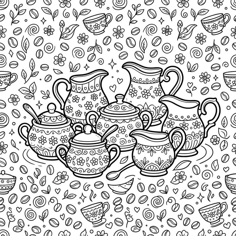 Indulge in the charming world of coffee and tea time with this delightful coloring page featuring an array of beautifully patterned sugar bowls and creamers. Perfect for relaxation, this intricate design is set against a whimsical background of coffee beans, flowers, and swirling motifs.