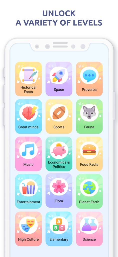 A smartphone screen displaying a grid of unlockable word puzzle levels including categories like History, Science, and Music.