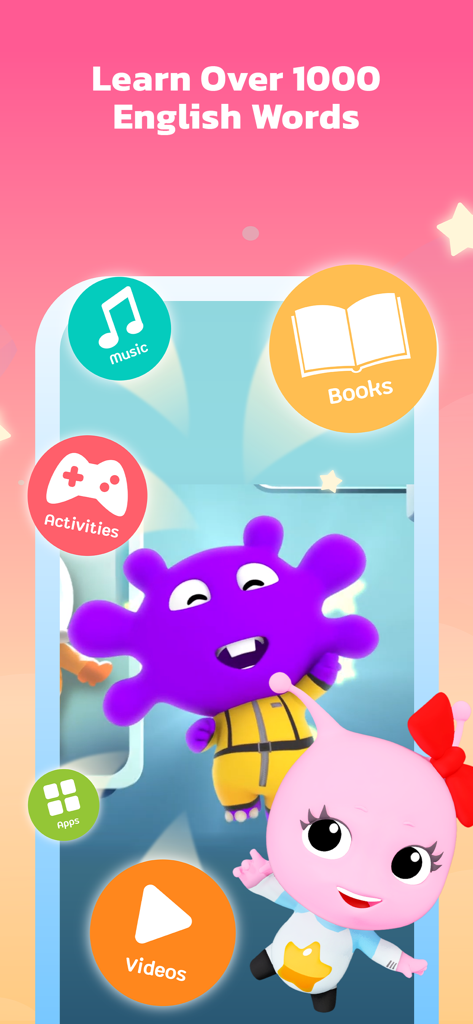 Galaxy Kids - Learning English - Galaxy Kids App-Oberfläche zeigt Kategorien zum Erlernen von über 1000 englischen Wörtern durch Musik, Bücher, Aktivitäten und Videos