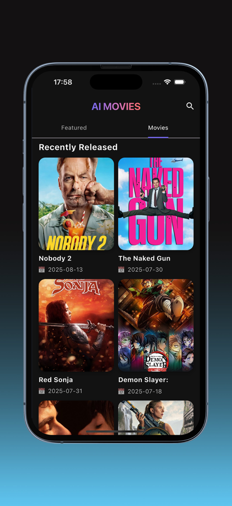 Cinego movies Watchlist - Cinego app interface displaying recently released movies in a grid layout