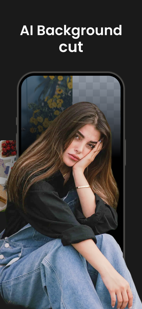 Seamless Carousel Collage PSTR - A demonstration of the AI background removal tool in the PSTR app showing a portrait with the background being cut out