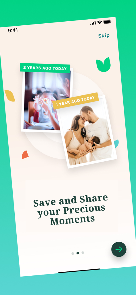 Ecrã de integração da aplicação Moment Garden mostrando fotos de família do passado com o texto Guardar e Partilhar os Seus Momentos Preciosos