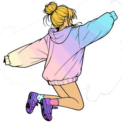realistic girl jumping with a bun and oversized sweatshirt
