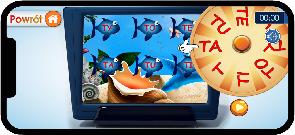 Literki T i D - Pantalla de juego educativo que muestra peces con sílabas polacas y una rueda giratoria para logopedia.