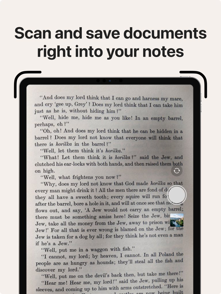 Inky Notes: Good Note taker - Una pantalla de iPad que muestra la función de escaneo de documentos para guardar texto directamente en notas digitales