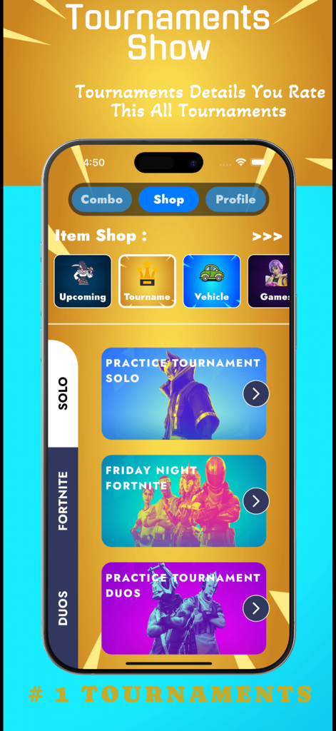 Battle Royale Stats: Fortnite - Interface of the Battle Royale Stats app showing Fortnite tournament schedules including Solo and Duo practice matches