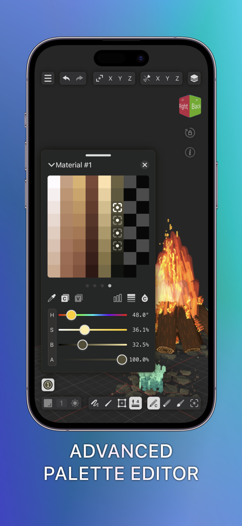 Benutzeroberfläche von Voxel Max, die den erweiterten Farbpaletten-Editor mit HSB-Schiebereglern über einer 3D-Lagerfeuerszene zeigt.