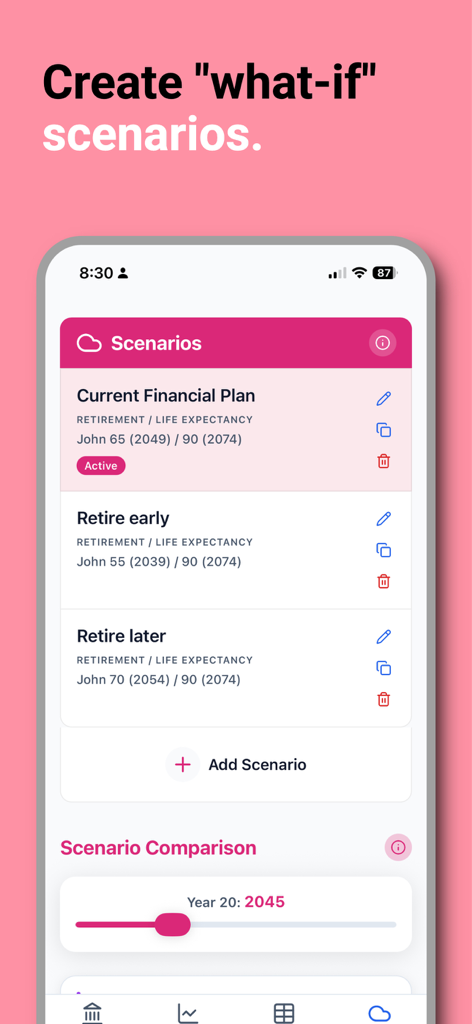 Saveplan - 조기 은퇴 또는 늦은 은퇴와 같은 'What-If' 재정 모델링을 위한 은퇴 시나리오 목록을 보여주는 Saveplan 앱 인터페이스