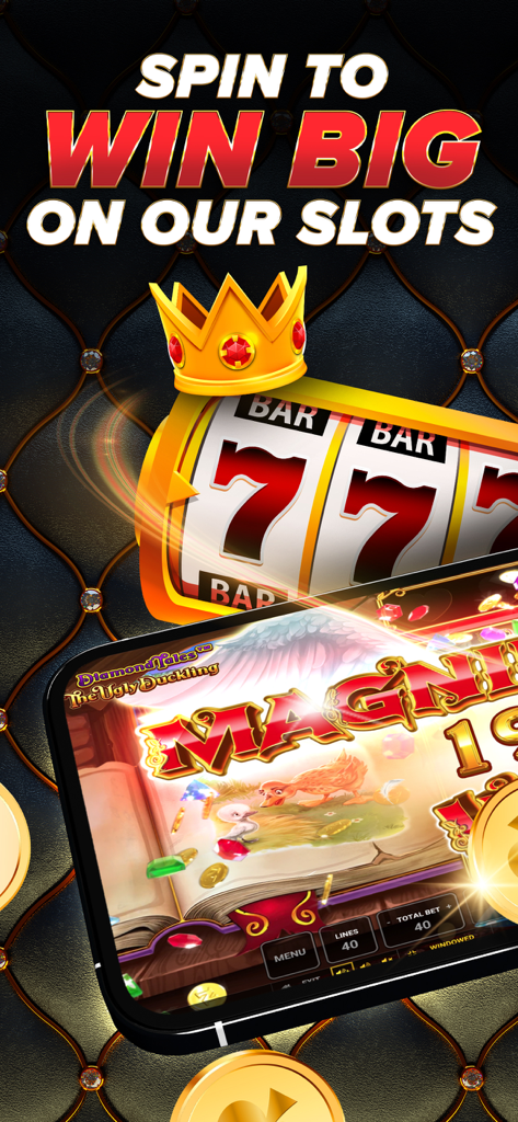 PlayJACK Slots - Schermata promozionale per PlayJACK Slots che mostra una bobina di sette fortunati vincente e l'interfaccia dell'app mobile.