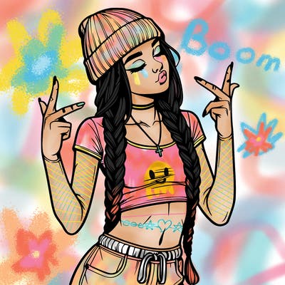 realistic teenage girl with braids and a beanie and crop top doing 🫶🏼