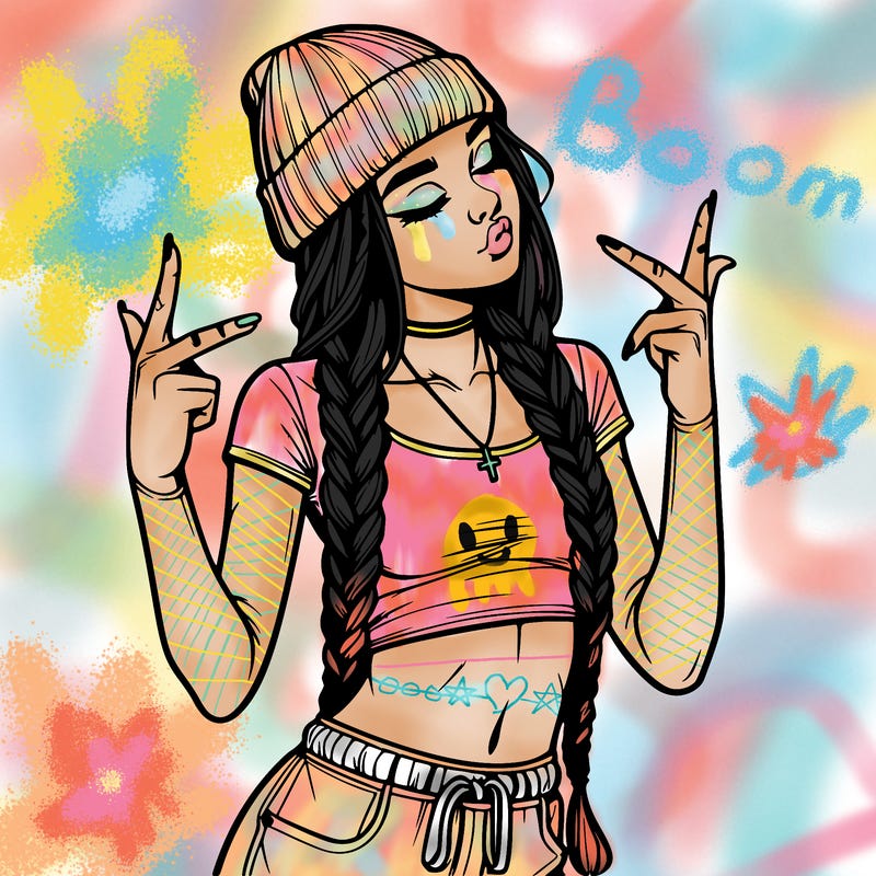 realistic teenage girl with braids and a beanie and crop top doing 🫶🏼