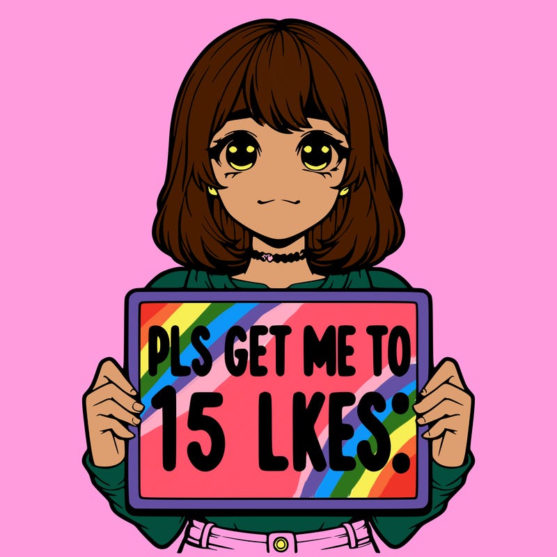realistic girl holding up a sign that says “pls get me to 15 likes!”
