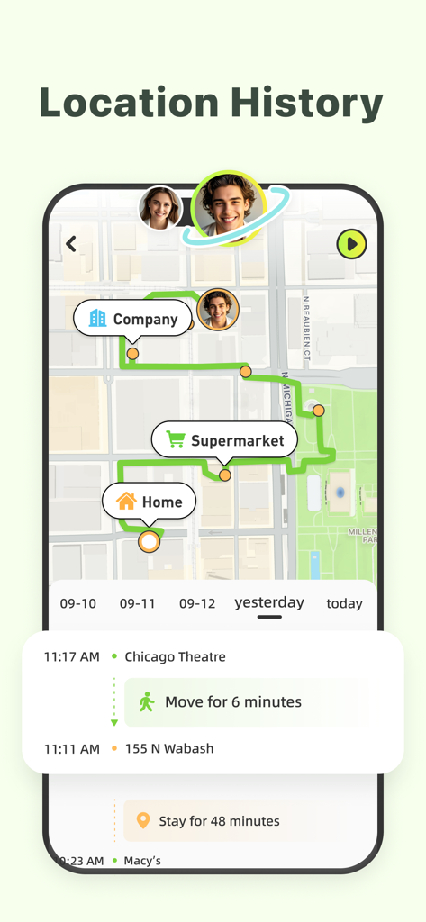 Lookusアプリのスクリーンショット。パートナーの毎日の位置情報履歴マップと、詳細なアクティビティのタイムラインが表示されています