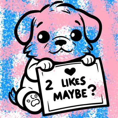 a puppy holding a sign that says 2 likes maybe?