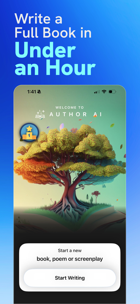 Author AI: Book Creator - Pantalla de inicio de la aplicación Author AI que presenta un árbol mágico que crece de un libro y un botón para comenzar a escribir un libro, poema o guion.