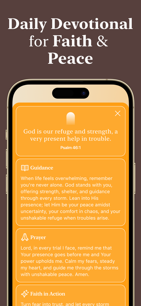 Christian: Devotional & Faith - Smartphone screen showing a daily Christian devotional app with Bible verses guidance and prayer sections for faith and peace